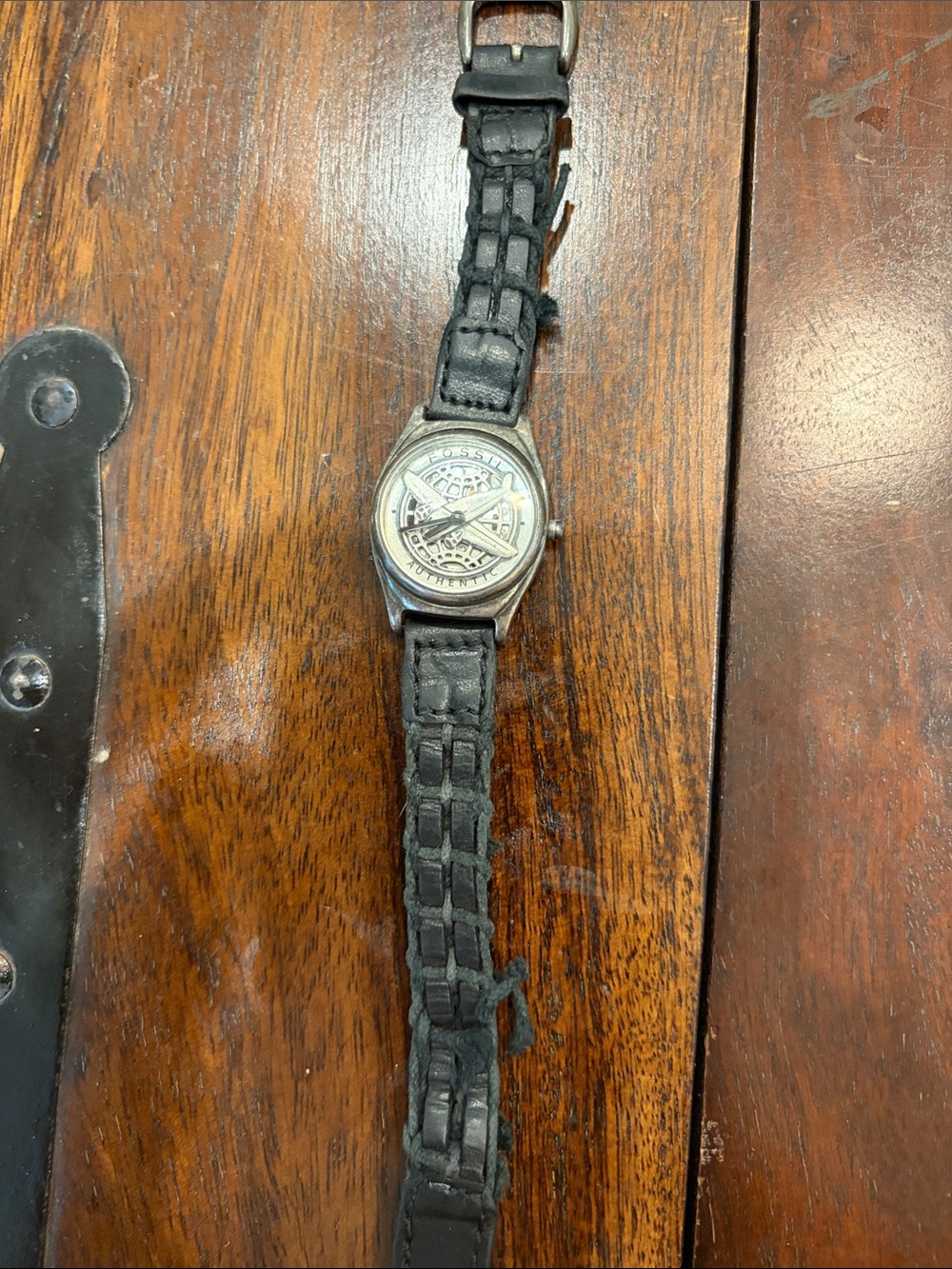 Fossil Black Leather Strap Watch with Silver Plane Dial